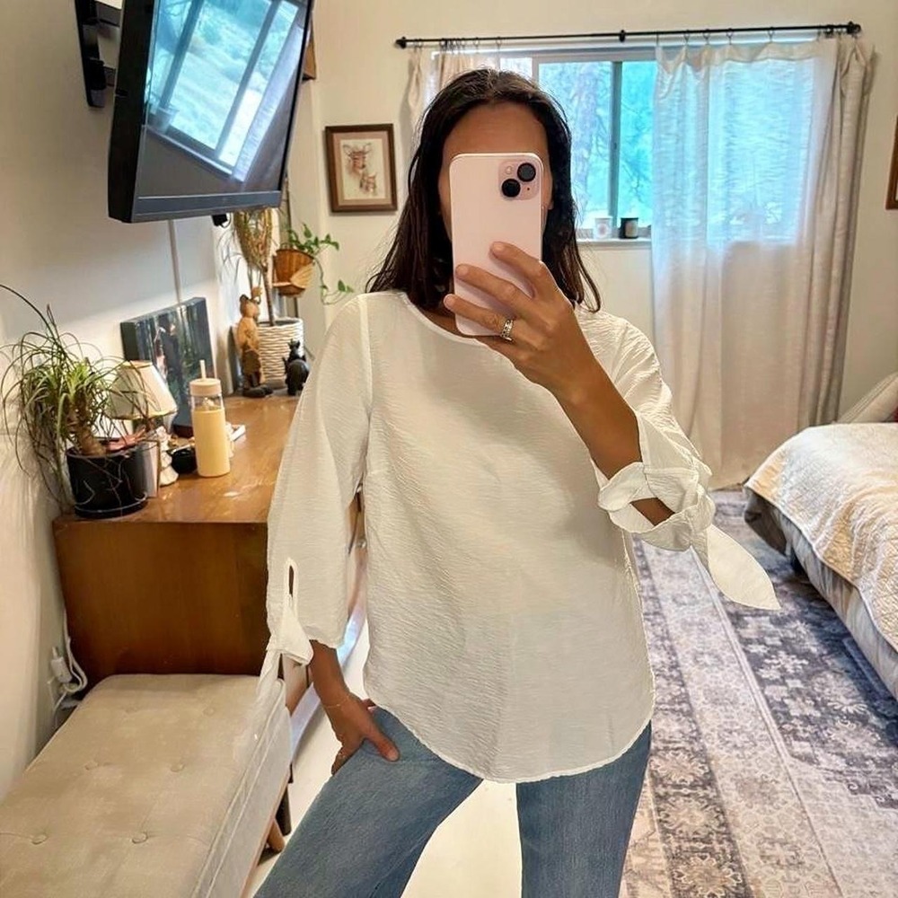 Michael Kors White Textured Tie Sleeve Blouse Top Small